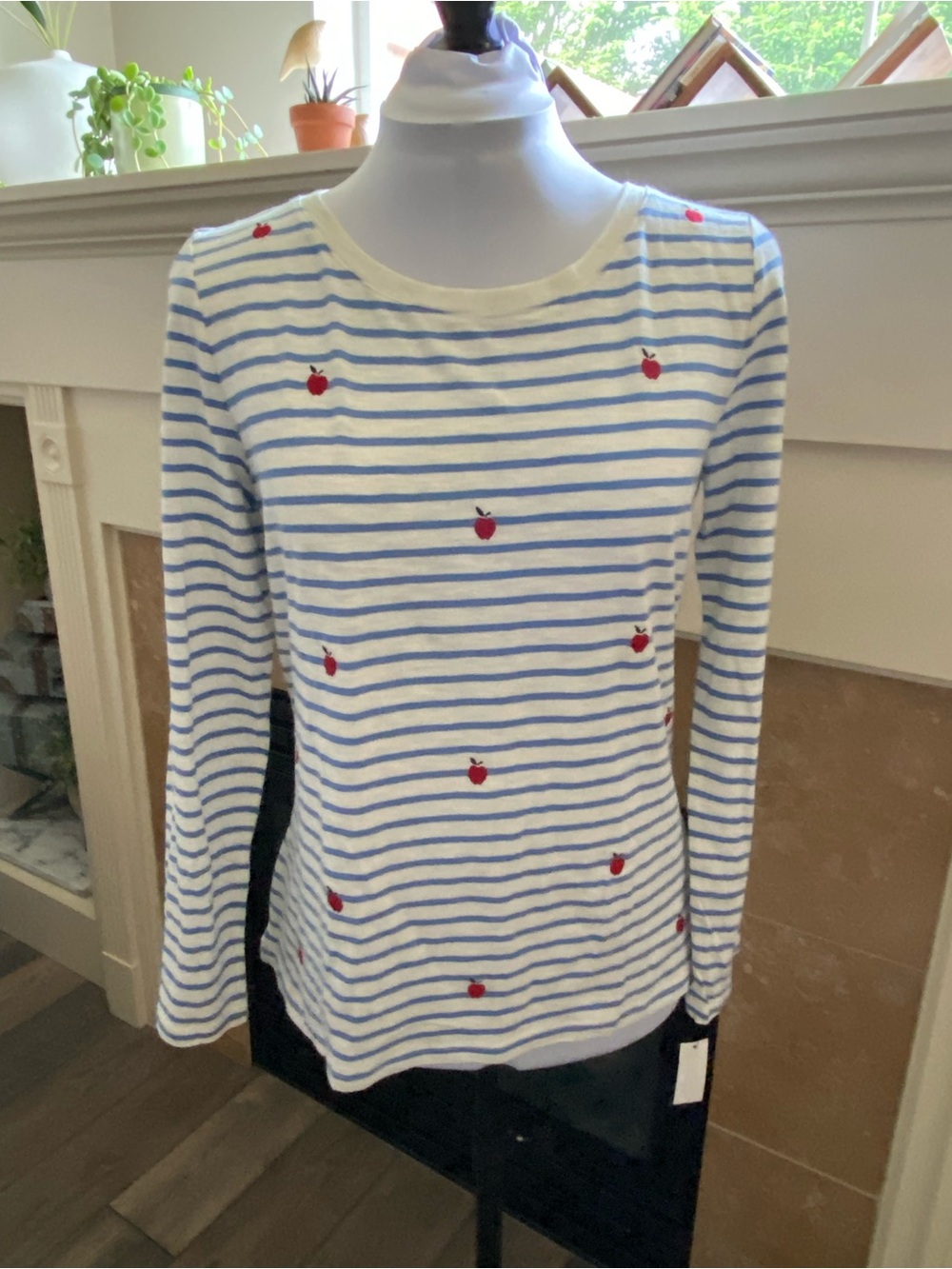 NWT Talbots Blue & White Striped Long-Sleeve Top with Red Apple Embroidery